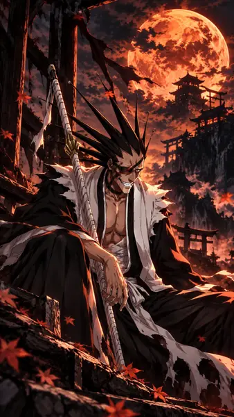 Kenpachi Zaraki dengan rambut runcing dan penutup mata menyandarkan pedangnya di bahu di depan bulan merah