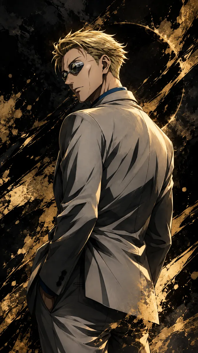 Kento Nanami dari Jujutsu Kaisen mengenakan setelan krem dan kacamata, menoleh ke belakang bahunya dengan latar belakang hitam dan emas.