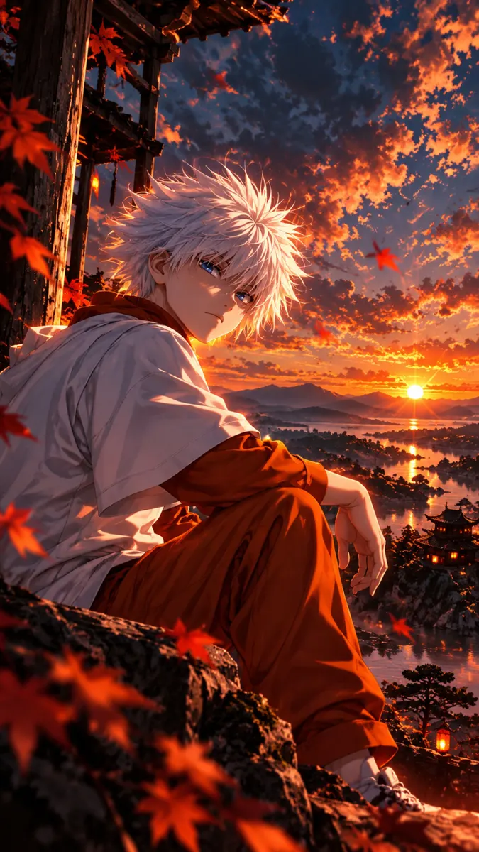 Killua Zoldyck con cabello blanco puntiagudo sentado en una saliente rocosa con vistas a un paisaje al atardecer con hojas de arce rojas.