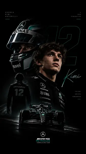Potret Kimi Antonelli dengan helm balapnya, siluet dalam setelan balap, dan mobil Formula 1 Mercedes-nya.