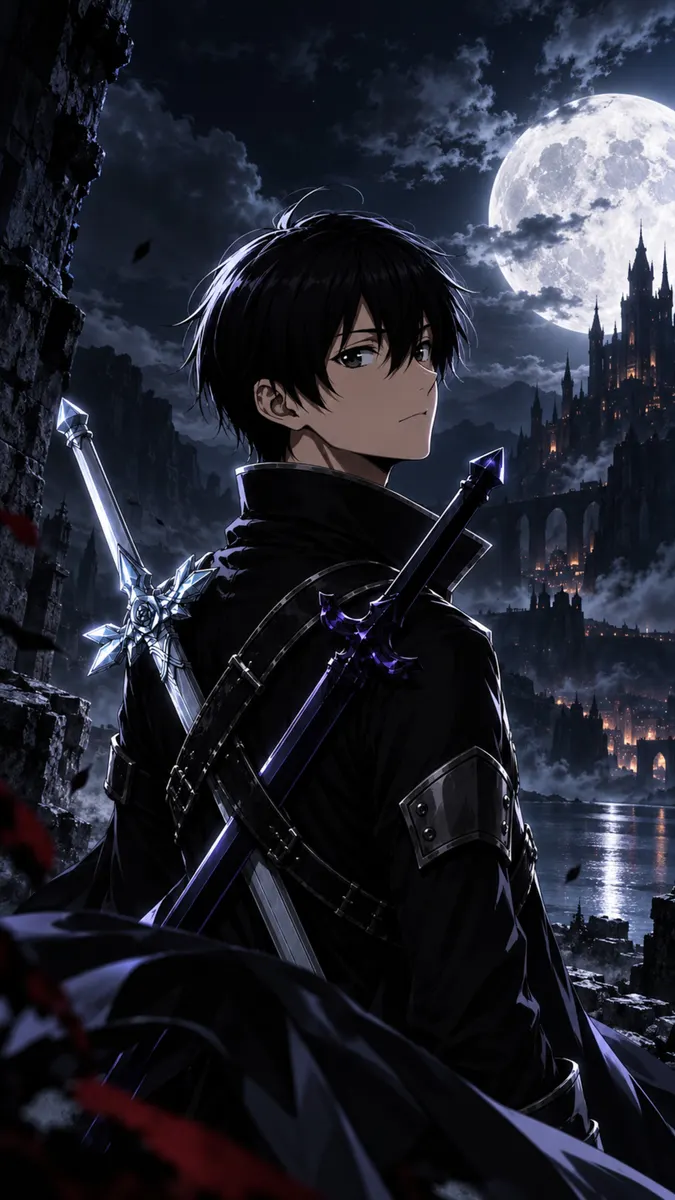 Kirito con cabello negro y abrigo negro mirando por encima del hombro, sosteniendo dos espadas en su espalda cerca de un castillo oscuro.