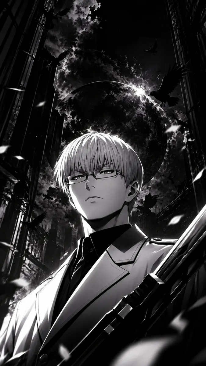 Kishou Arima mit weißen Haaren und Brille in einem Anzug, stehend vor einem großen Mond mit Vögeln, die am dunklen Himmel fliegen.