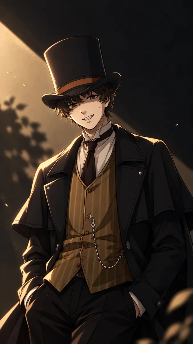 Personaje de anime Klein vistiendo un sombrero de copa negro, chaleco a rayas y abrigo oscuro con una cadena de reloj de bolsillo visible.