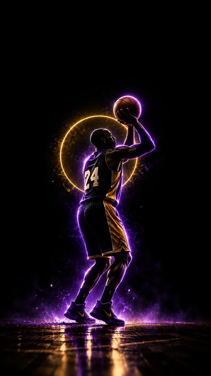 Kobe Bryant in a Lakers jersey performing a jump shot with purple and gold light effects on a dark background