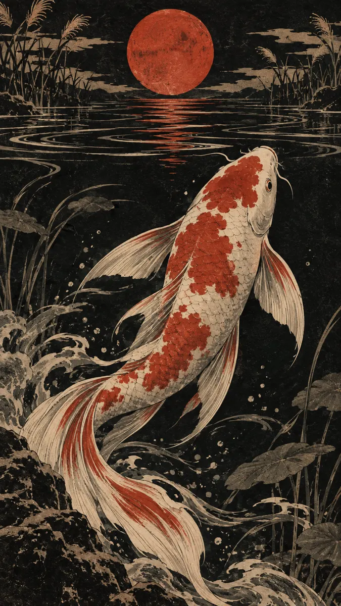 Um peixe koi branco e vermelho nadando em água escura com uma grande lua vermelha refletindo na superfície acima.