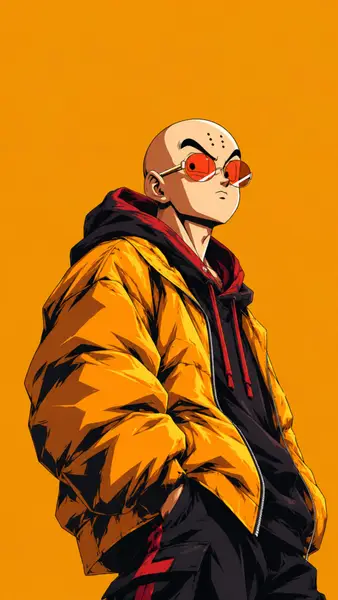 Krillin aus Dragon Ball trägt eine gelbe Pufferjacke, einen schwarzen Hoodie und eine rote Sonnenbrille vor einem orangefarbenen Hintergrund.