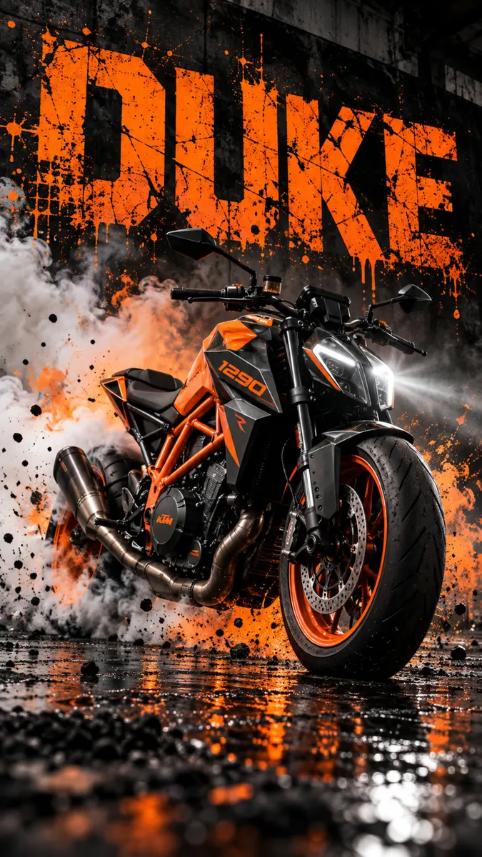 Una motocicleta KTM 1290 Duke negra y naranja estacionada en una superficie mojada con humo naranja y texto naranja grande en el fondo.