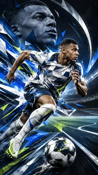 Kylian Mbappe Blue Geometric Soccer Wallpaper