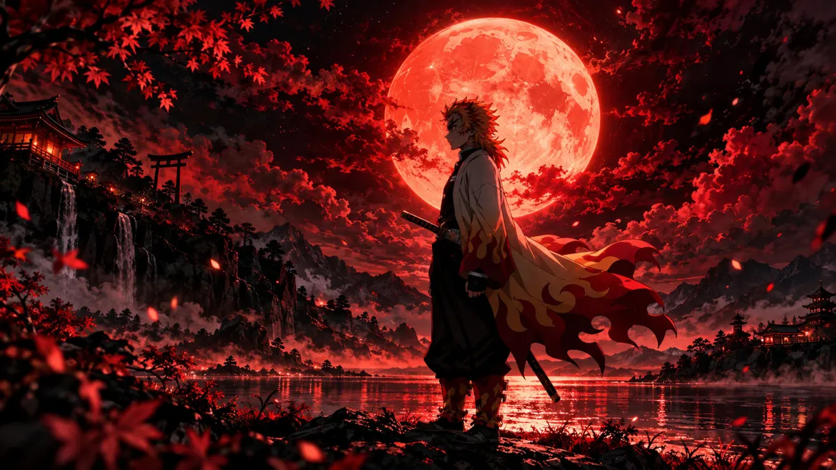Kyojuro Rengoku berdiri menyamping dengan latar belakang bulan merah raksasa, air terjun, dan pohon maple merah.