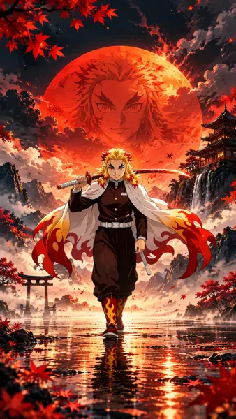 Kyojuro Rengoku cammina sull'acqua con una katana, indossando il suo haori con motivo a fiamme, con una luna rossa gigante e un tempio sullo sfondo.