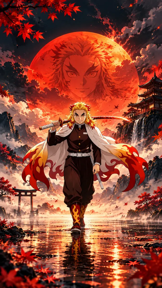 Kyojuro Rengoku cammina sull'acqua con una katana, indossando il suo haori con motivo a fiamme, con una luna rossa gigante e un tempio sullo sfondo.