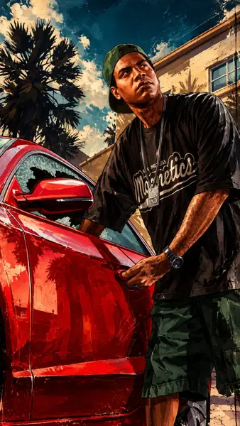 Lamar Davis mit grüner Kappe und schwarzem T-Shirt öffnet die Tür eines roten Autos mit einer zerbrochenen Scheibe.