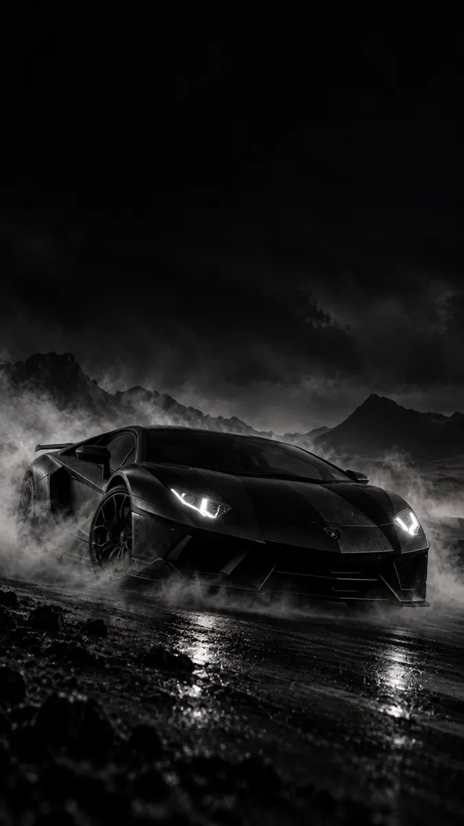 Un superdeportivo Lamborghini negro conduciendo en una carretera oscura rodeado de humo denso con montañas al fondo.