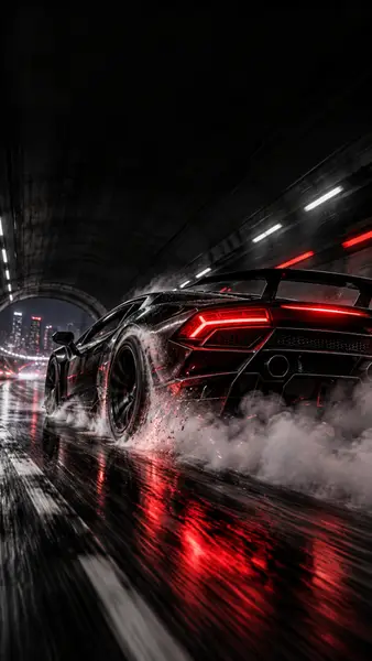 Mobil sport Lamborghini hitam melakukan drift di jalan terowongan yang basah dengan lampu belakang merah dan asap keluar dari ban.