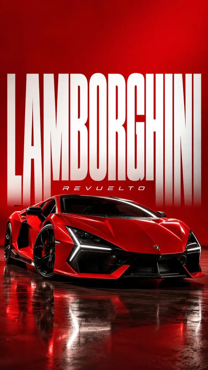 Un coche deportivo Lamborghini Revuelto rojo estacionado en un suelo brillante con la palabra Lamborghini escrita en letras blancas grandes encima.