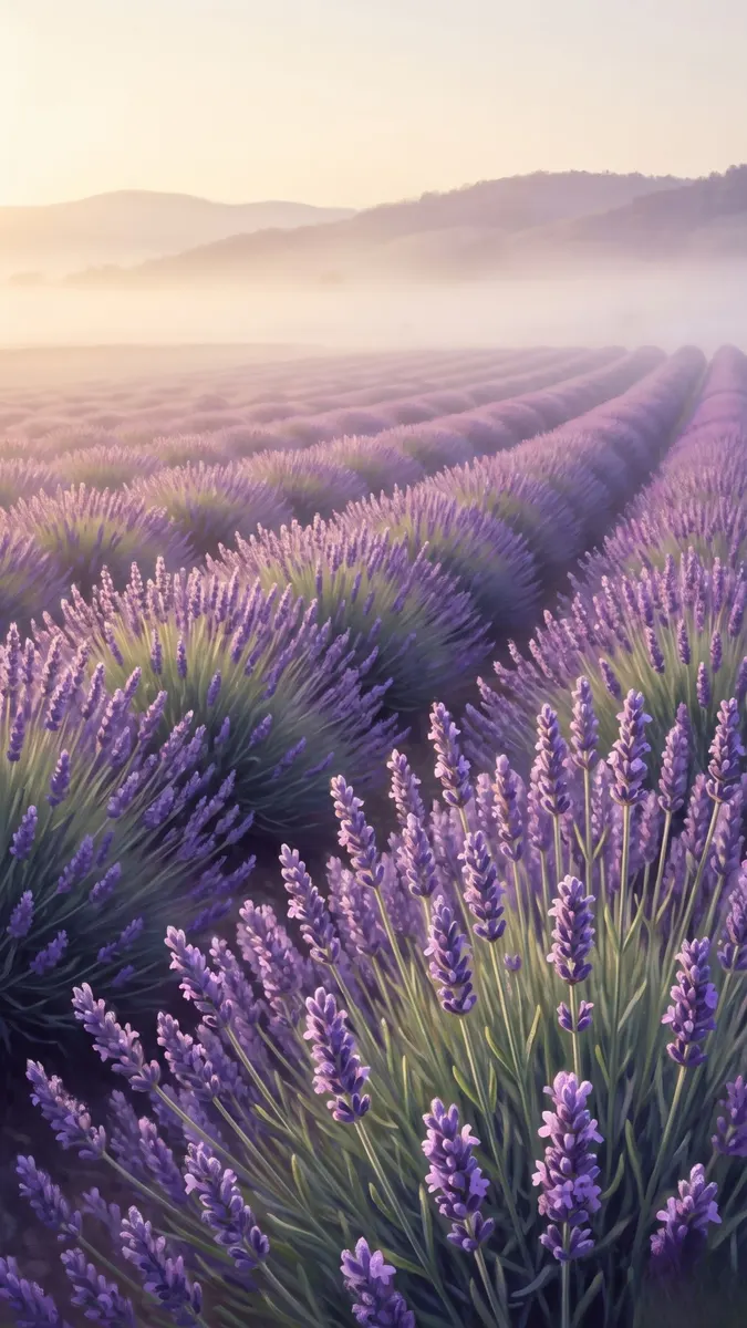 Fileiras de plantas de lavanda roxas em um campo durante uma manhã enevoada com luz suave sobre colinas onduladas.