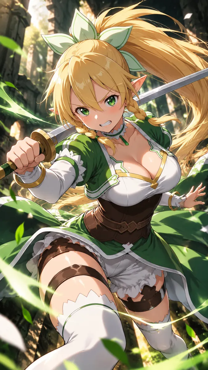 Leafa aus Sword Art Online mit blondem Haar und Elfenohren hält ein Schwert und trägt ein grün-weißes Outfit