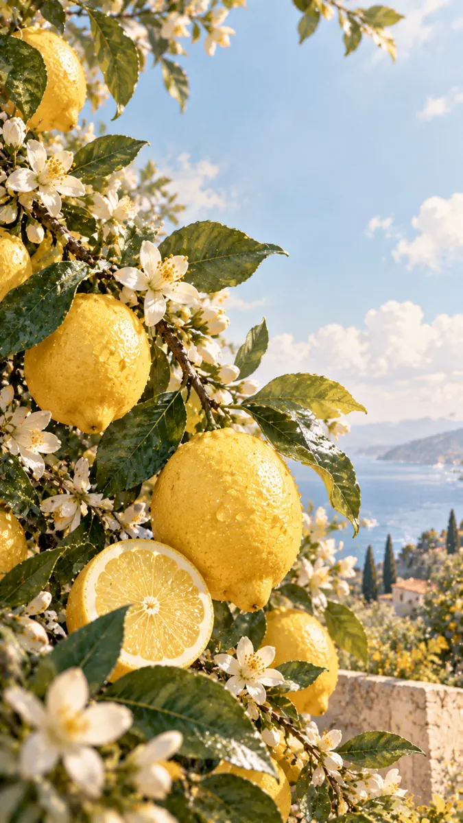 Limones amarillos frescos y flores blancas en una rama de árbol con un mar azul borroso y la costa al fondo