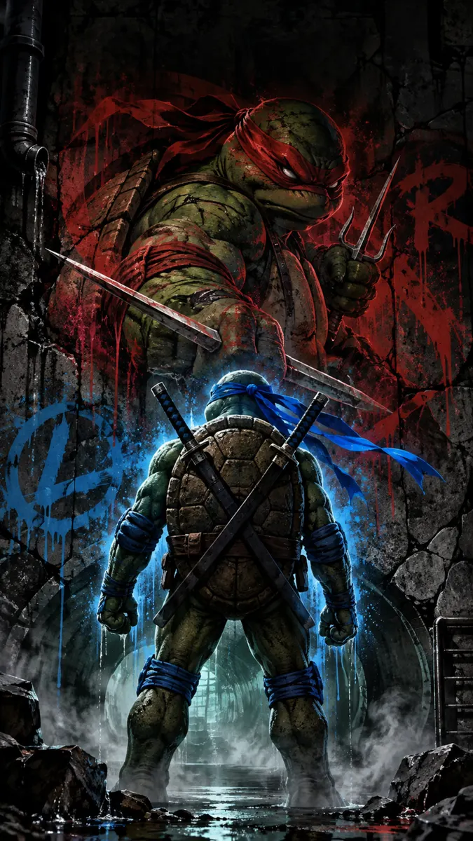 Leonardo de pie con espadas en un túnel de alcantarilla con un Raphael grande y amenazante visible al fondo detrás de él.
