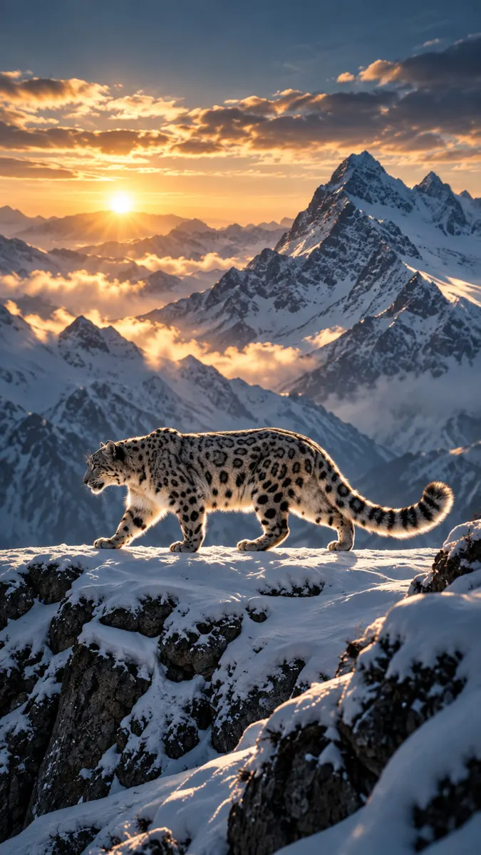 Un léopard des neiges marchant sur une crête montagneuse rocheuse et enneigée avec un coucher de soleil sur des sommets lointains en arrière-plan.