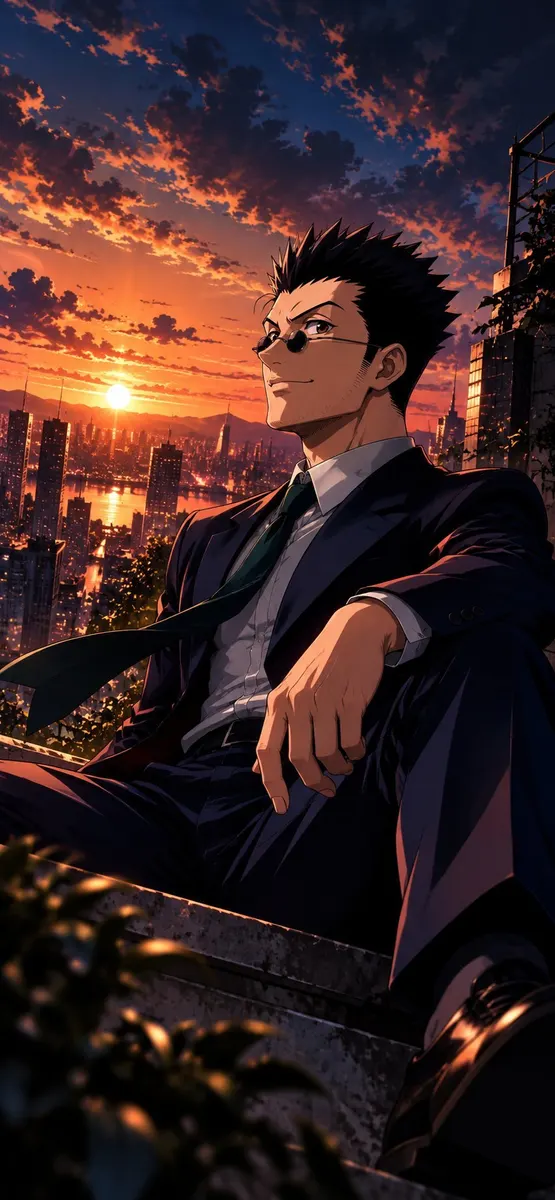 Leorio Paradinight met een donker pak en een ronde bril zittend op een richel met uitzicht op een stad bij zonsondergang