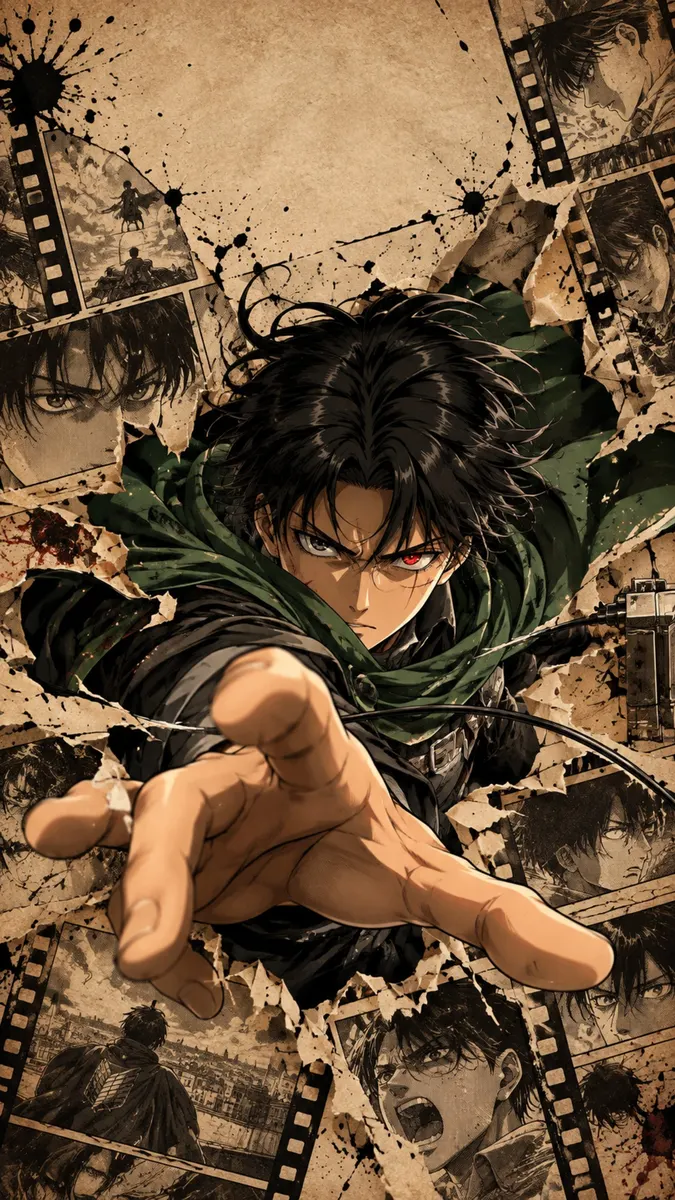 Levi Ackerman che tende la mano con un'espressione seria, circondato da cornici di strisce di pellicola strappate con scene di Attack on Titan.