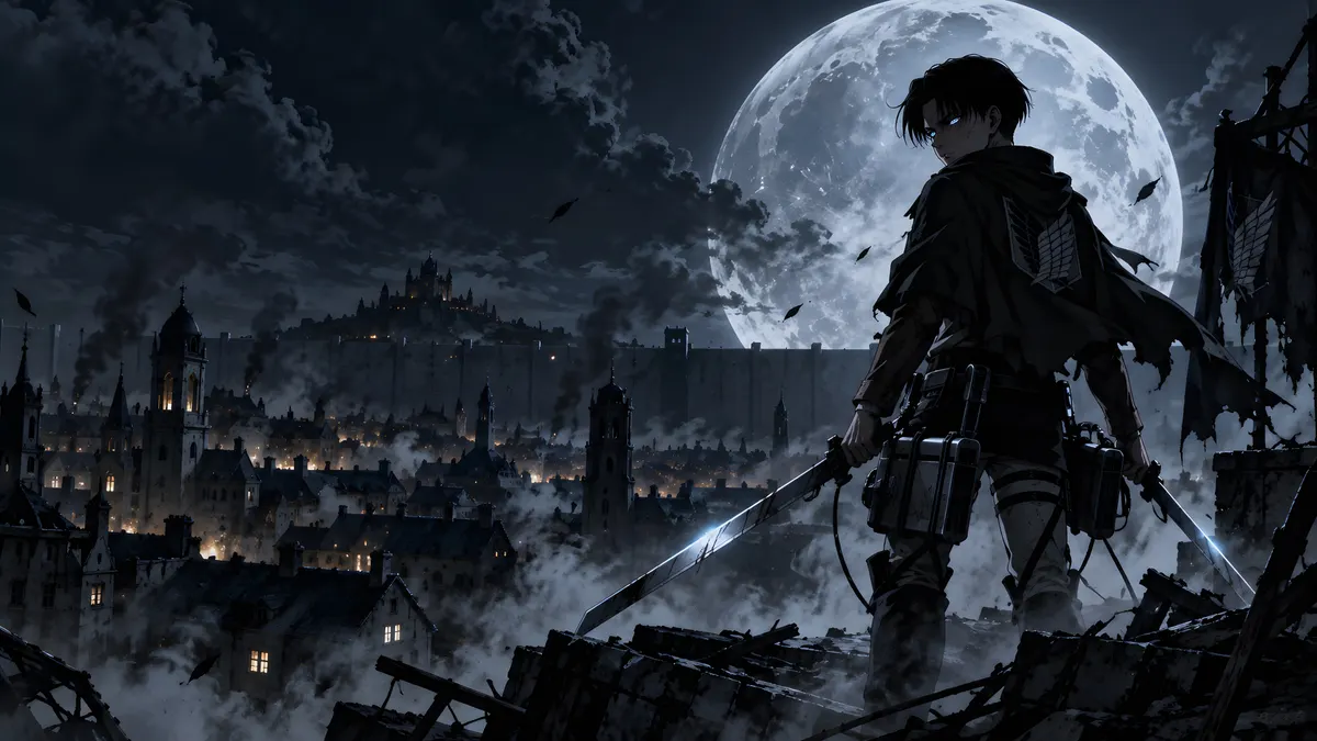Levi Ackerman in piedi su un tetto buio con le spade in mano, che osserva una città nebbiosa sotto una luna piena gigante.