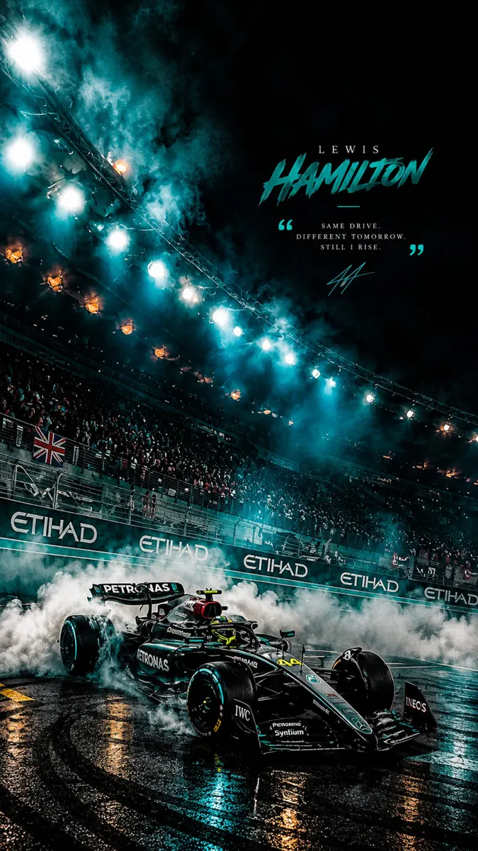 Lewis Hamilton Mercedes F1 arabası gece ıslak bir pistte duman ve stadyum ışıkları eşliğinde drift yapıyor