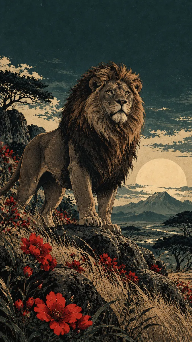 Um leão macho com uma juba escura em pé em um afloramento rochoso cercado por flores vermelhas com montanhas e um sol atrás.