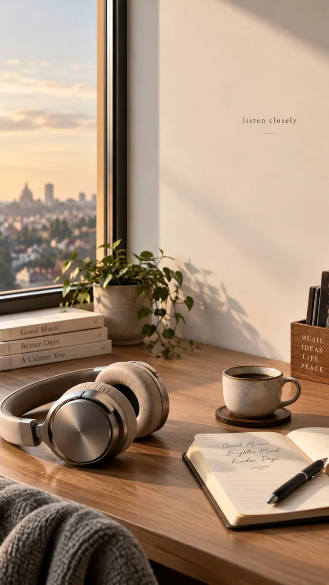 Meja kayu dengan headphone, tanaman pot kecil, secangkir kopi, dan buku catatan dengan teks tulisan tangan di dekat jendela.