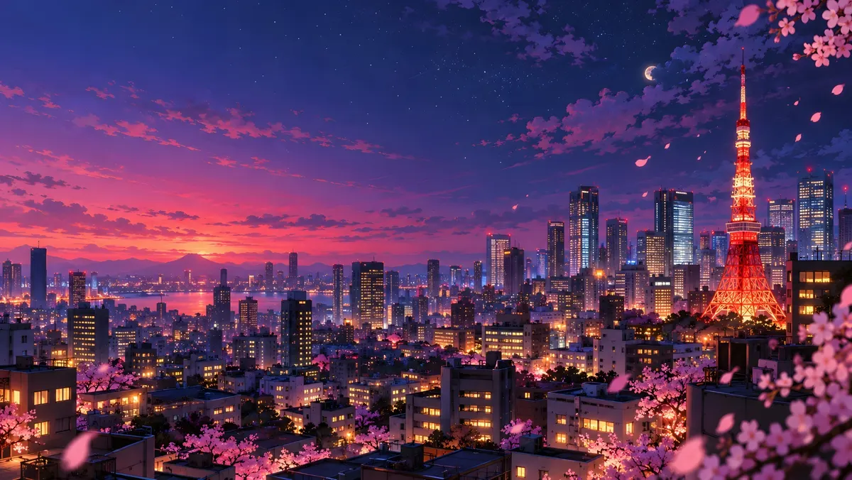 أفق مدينة طوكيو عند غروب الشمس مع برج Tokyo Tower الأحمر الساطع وبتلات أزهار الكرز الوردية المتساقطة في المقدمة