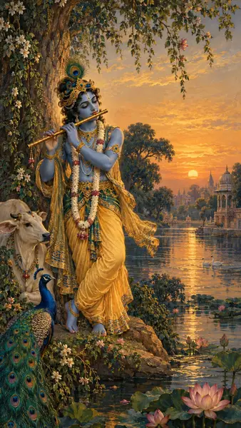 Lord Krishna dengan kulit biru memainkan seruling emas sambil berdiri di bawah pohon di samping sungai saat matahari terbenam dengan seekor sapi dan burung merak.