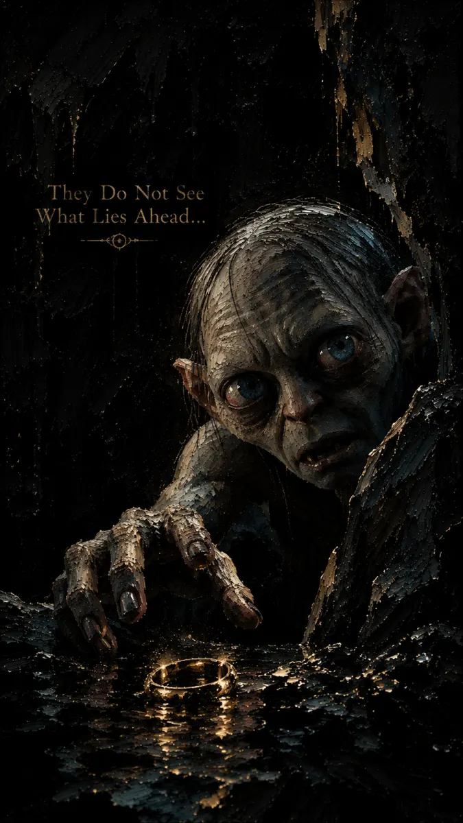 Gollum extendiendo una mano delgada hacia el brillante Anillo Único de oro en una cueva oscura y rocosa.