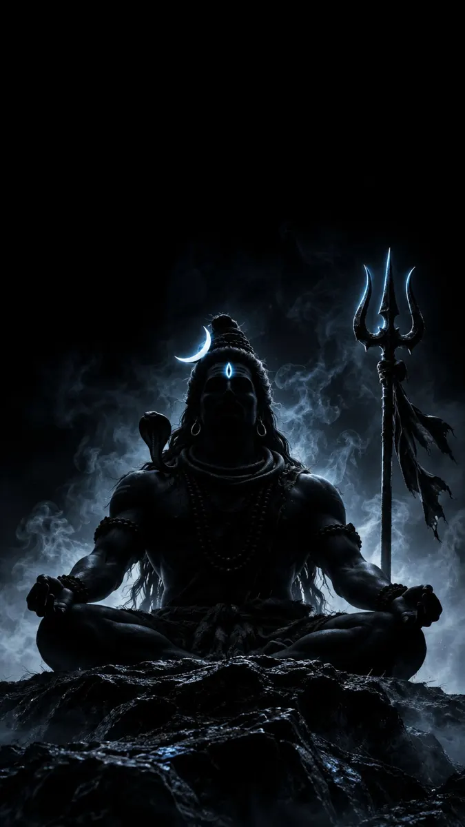 Lord Shiva duduk dalam posisi lotus dengan trisula di sampingnya, dikelilingi oleh asap biru dan bayangan gelap.