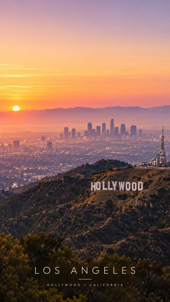 Hollywood tabelası, parlak bir gün batımı gökyüzü altında Los Angeles silüeti ve uzak dağlar görünürken çimenli bir tepede duruyor.