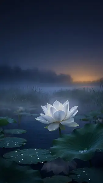Одинокий белый цветок лотоса, плавающий на темном пруду, окруженный большими зелеными листьями кувшинок с каплями воды в утреннем тумане.