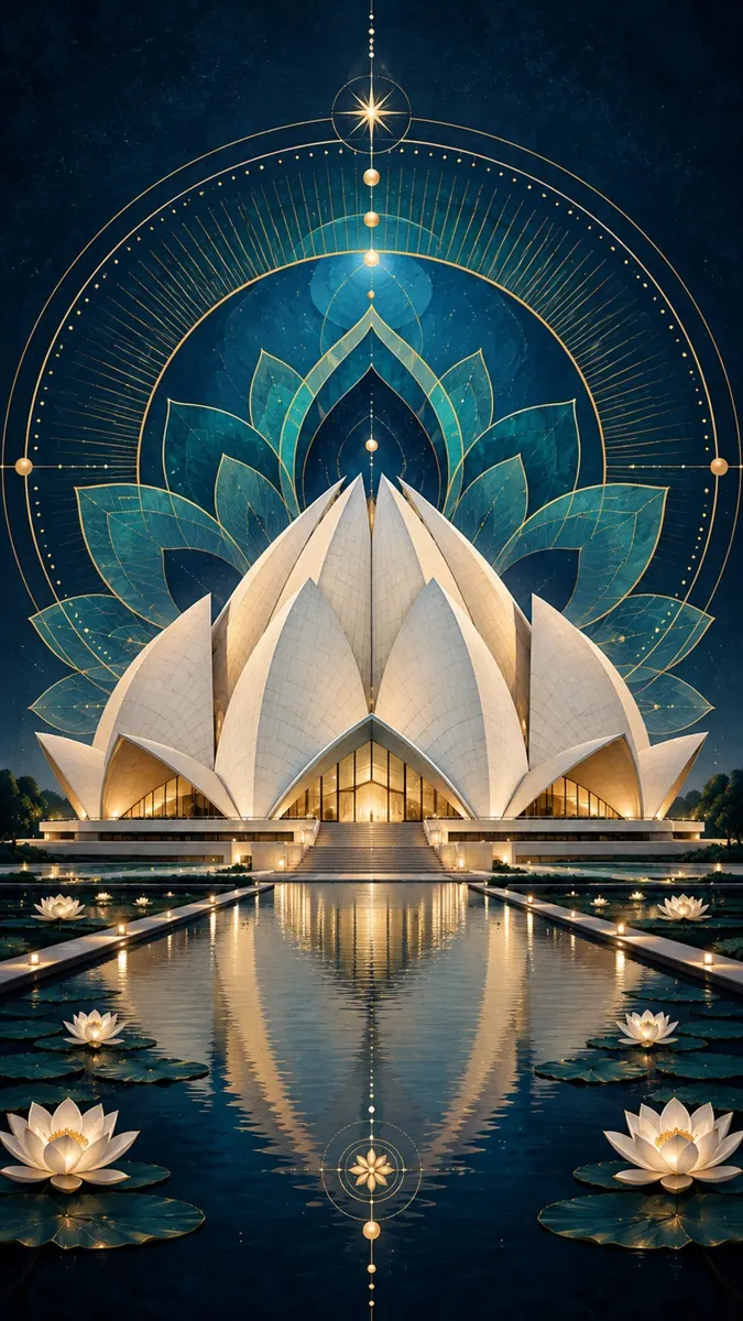 Lotus Temple putih terpantul di kolam gelap dengan bunga teratai yang mengapung dan pola mandala emas besar di atasnya.