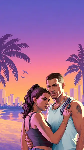 GTA 6의 Lucia와 Jason이 해질녘 해변에서 야자수와 뒤편의 도시 건물을 배경으로 가까이 서 있는 모습.