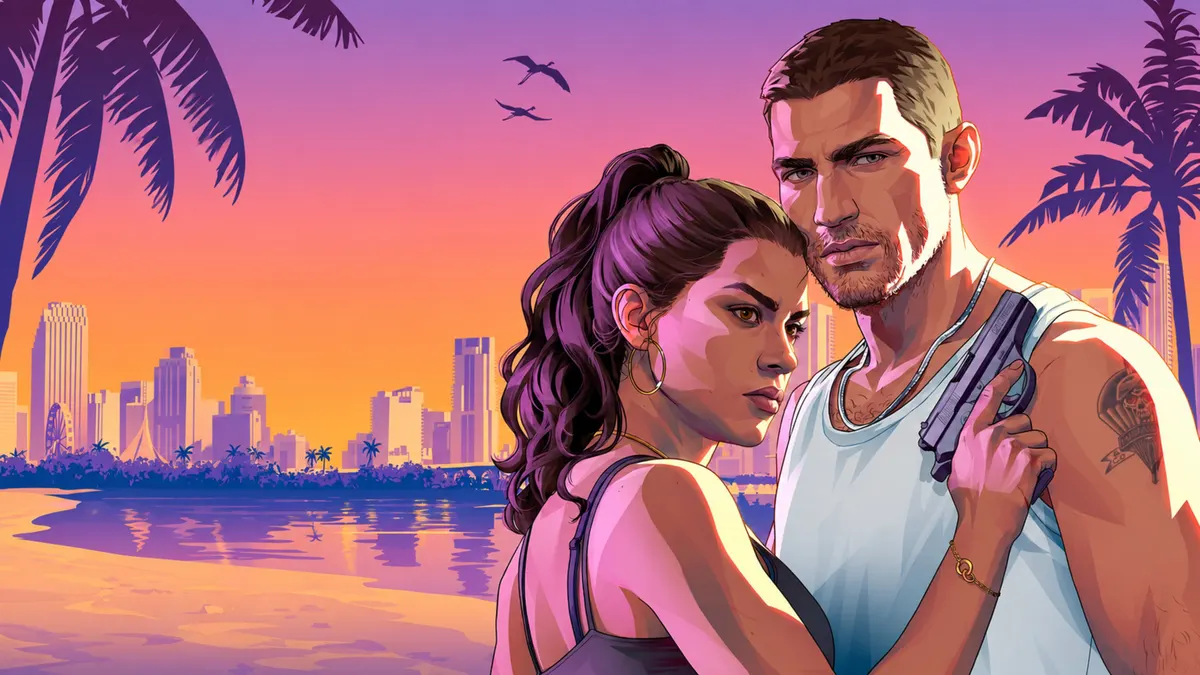 夕暮れの街のスカイラインを背景にビーチに立つGTA 6のLuciaとJason