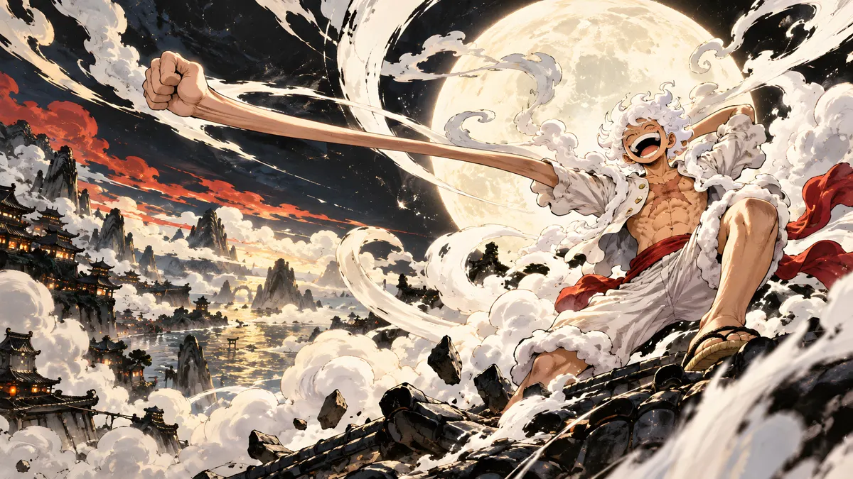 Luffy en forma Gear 5 con cabello y ropa blanca, brazo estirado, riendo frente a una luna gigante.