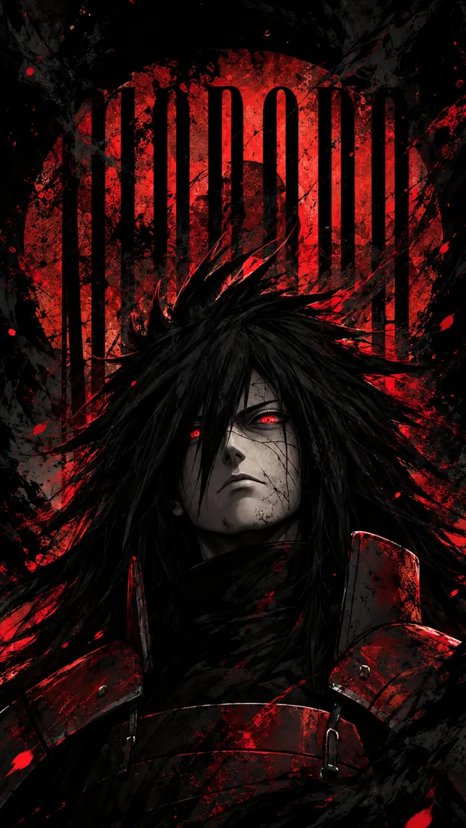 Madara Uchiha mit langem schwarzem Haar und leuchtend roten Augen in dunkler Rüstung vor einem großen roten Mond.
