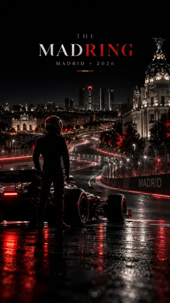 Seorang pembalap mobil dengan helm berdiri di samping mobil F1 di lintasan malam yang hujan di Madrid.
