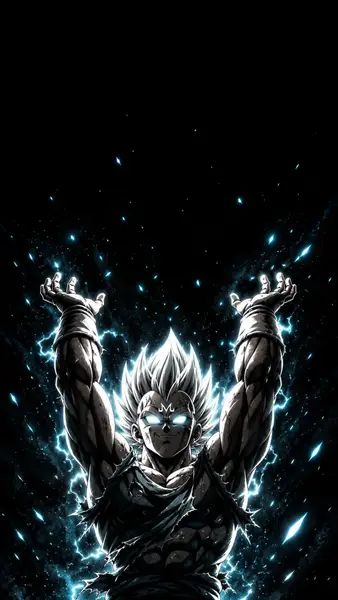 Majin Vegeta avec des cheveux en pointe et le symbole M sur le front levant les bras avec des étincelles d'énergie bleue