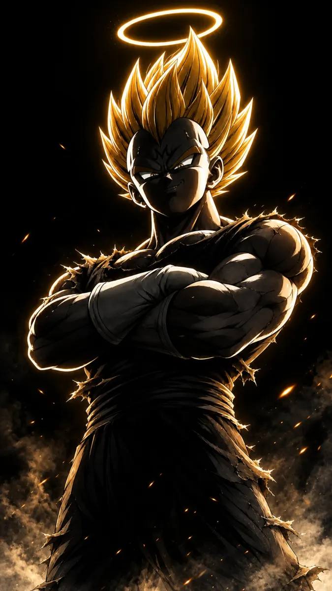 Majin Vegeta with spiky golden hair and a glowing halo, standing with arms crossed against a dark background with orange embers.