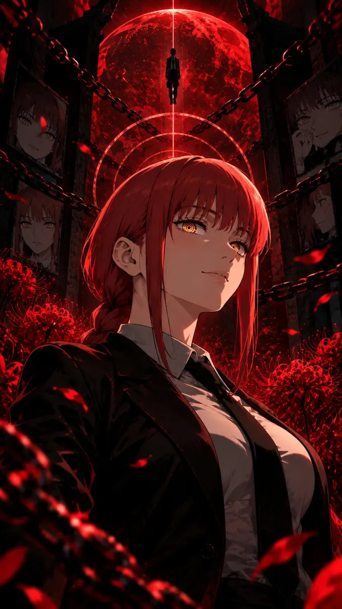 Makima con cabello rojo y ojos anillados vistiendo un traje negro, de pie en un campo de flores rojas con cadenas y un fondo oscuro.