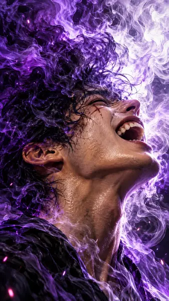 رجل ذو شعر داكن مجعد وندبة صغيرة على خده يضحك بينما يحيط به دخان أرجواني كثيف