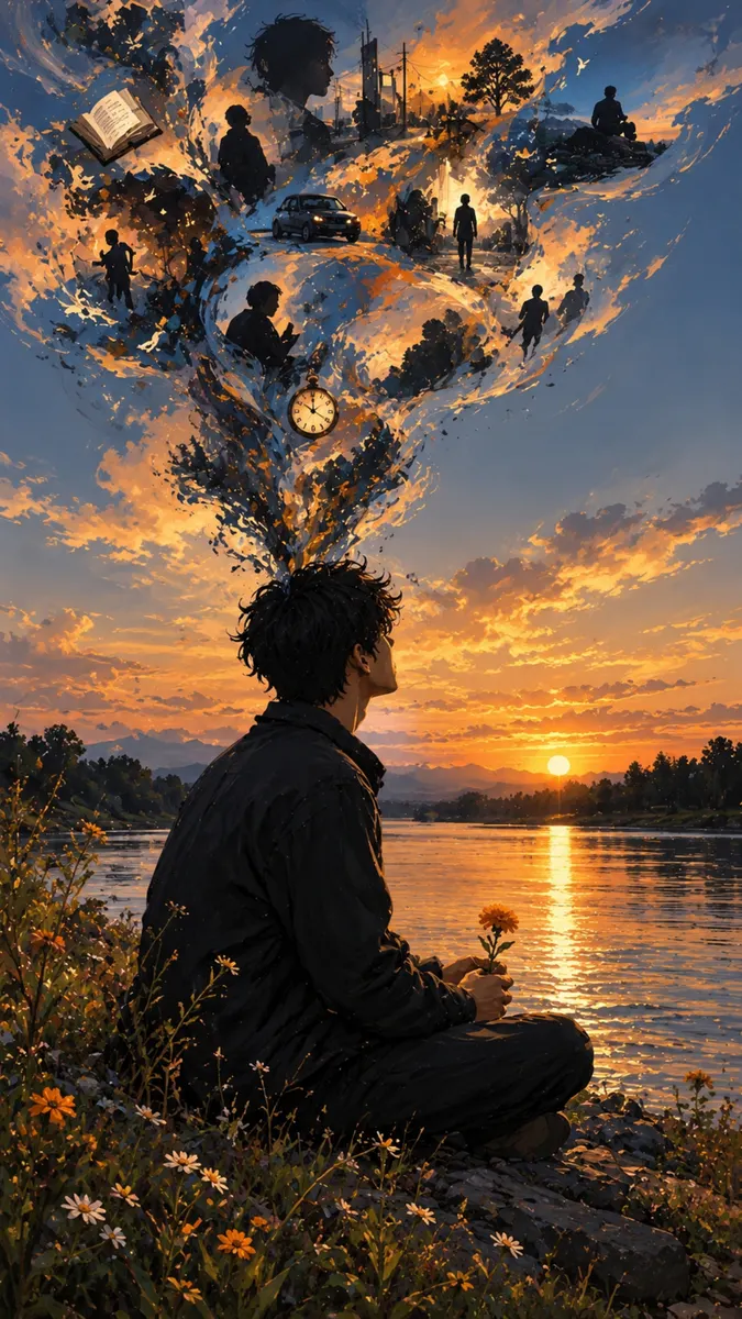 Um homem de jaqueta escura senta-se à beira de um rio ao pôr do sol segurando uma flor com memórias surreais flutuando acima dele.
