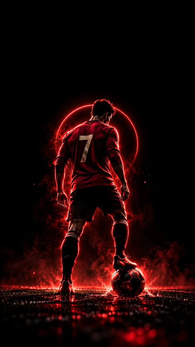 Siyah bir arka plan üzerinde kırmızı parlayan ışık efektleriyle topun üzerinde duran 7 numaralı kırmızı formalı bir futbolcu.