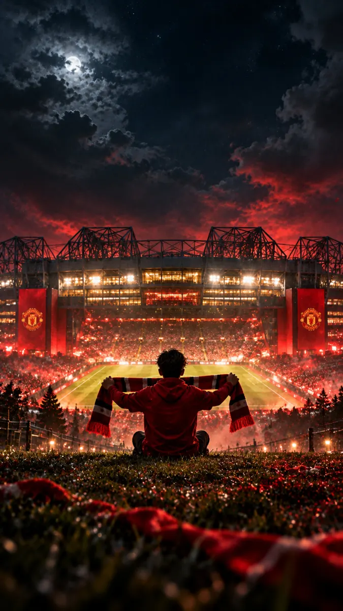 Una persona vista desde atrás sentada en una colina sosteniendo una bufanda mientras mira un estadio de fútbol brillantemente iluminado por la noche.