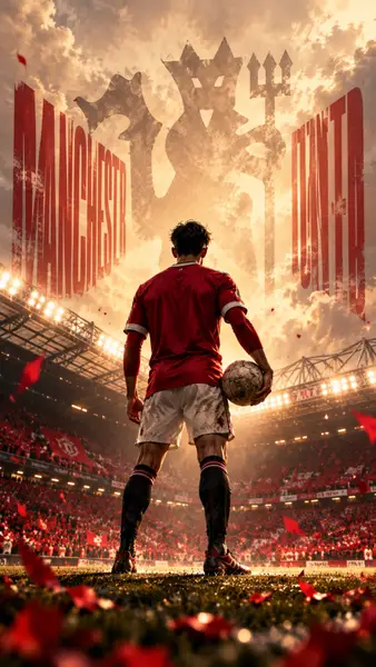 경기장에 서서 축구공을 들고 있는 빨간색 Manchester United 유니폼을 입은 축구 선수와 그 위에 있는 큰 엠블럼 실루엣.